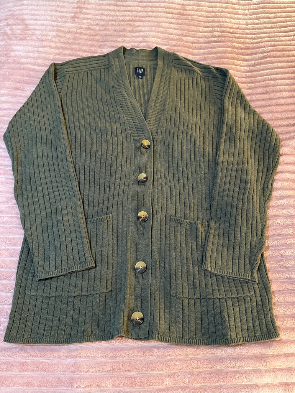 GAP Olive Ribbed Button-Front Cardigan